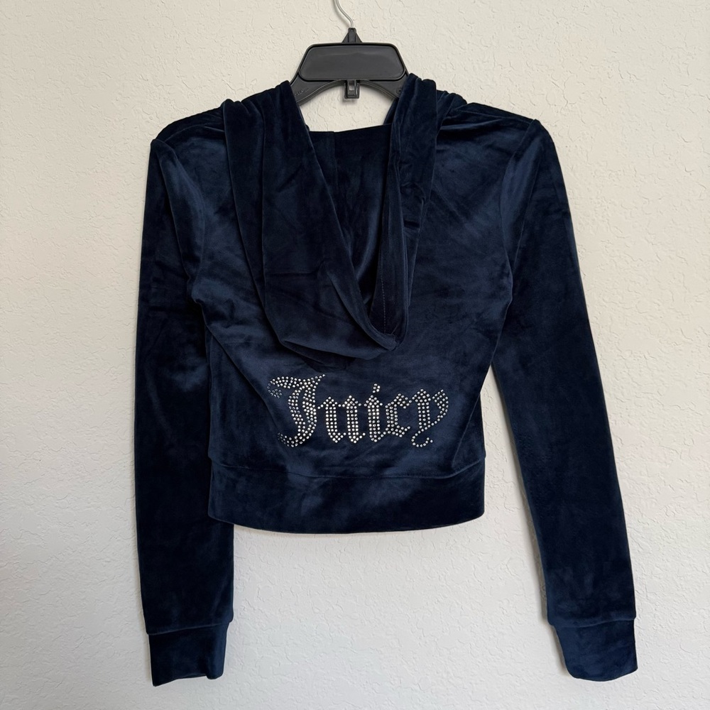 NWT Juicy Couture Royal Blue Bling Full Zip Velour Cropped Hoodie Size XS Y2K